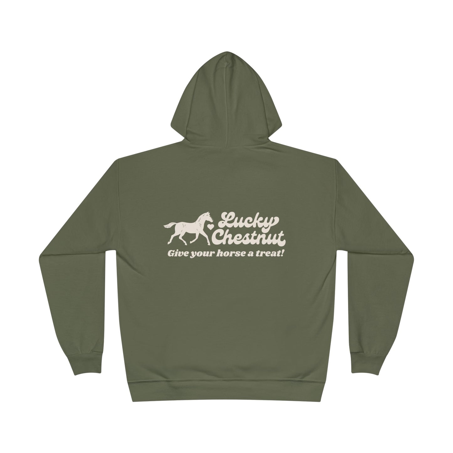 Lucky Chestnut “Give Your Horse a Treat” Hoodie – Back Graphic + Front Heart Detail