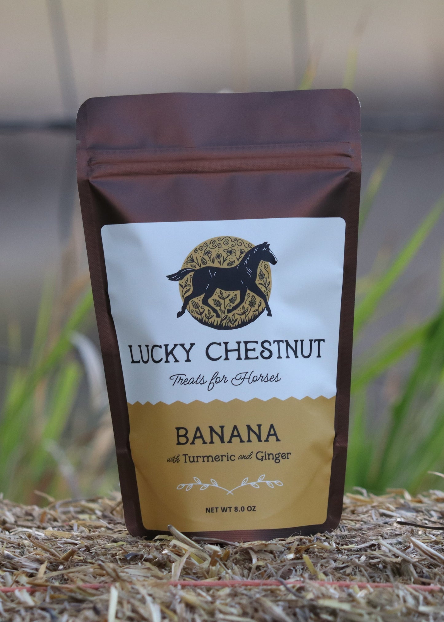 Lucky Chestnut Banana horse treats pouch with turmeric and ginger, standing on straw with greenery in the background.