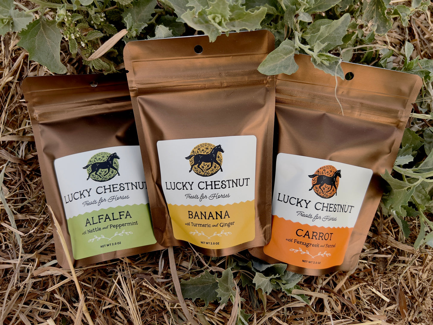 Lucky Chestnut Tasting Bundle featuring three 2 oz bags of horse treats in alfalfa, banana, and carrot flavors, shown on straw and leafy ground.