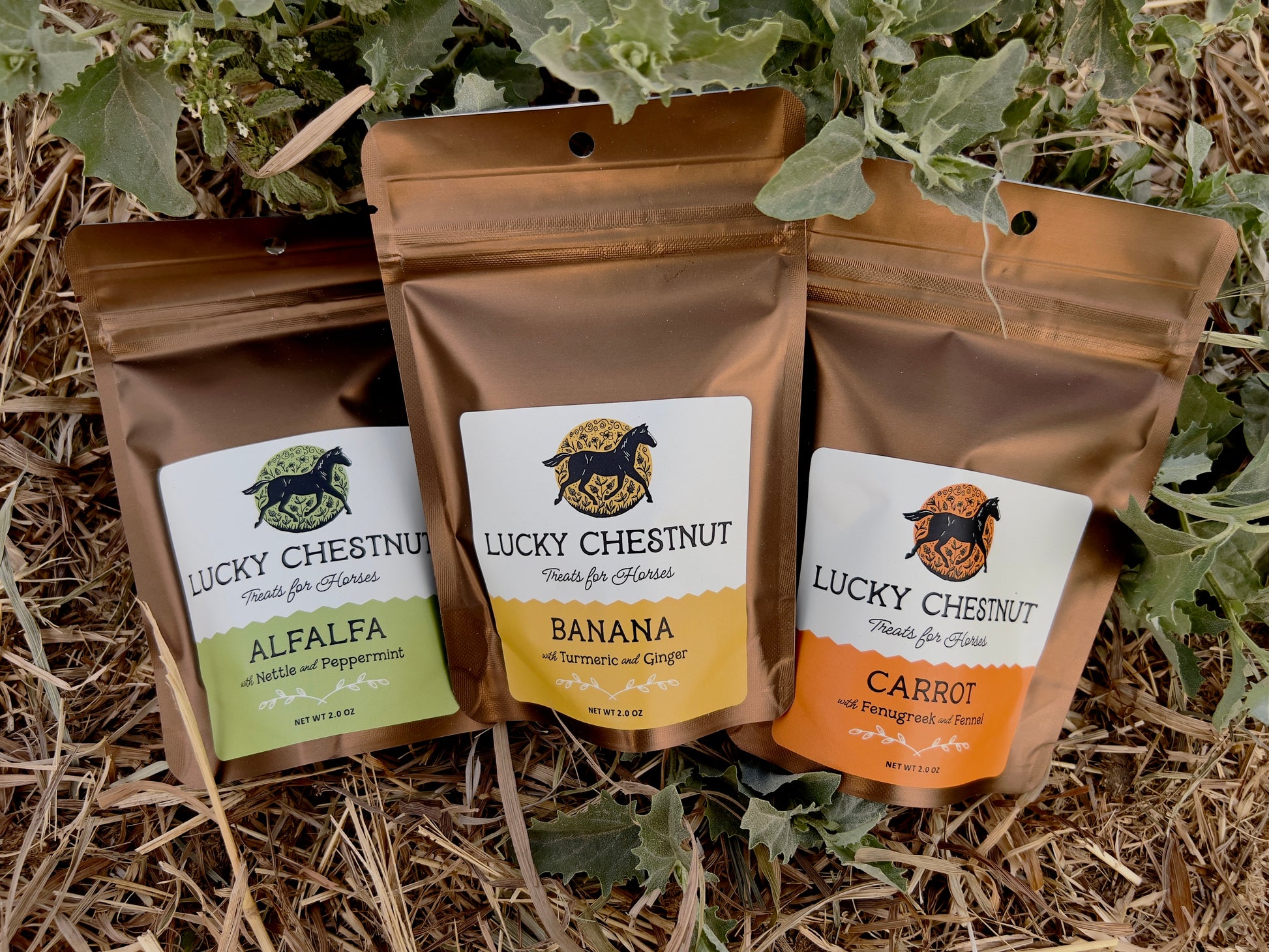 Lucky Chestnut Tasting Bundle featuring three 2 oz bags of horse treats in alfalfa, banana, and carrot flavors, shown on straw and leafy ground.