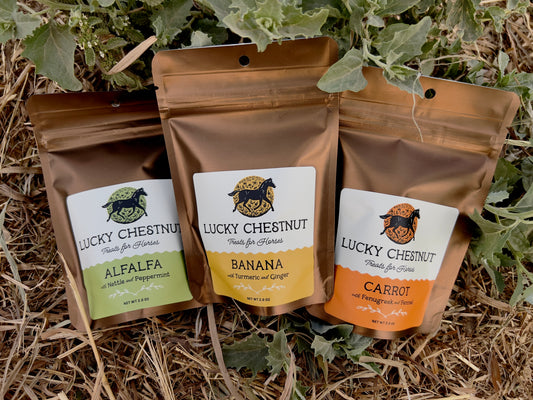Lucky Chestnut Tasting Bundle featuring three 2 oz bags of horse treats in alfalfa, banana, and carrot flavors, shown on straw and leafy ground.